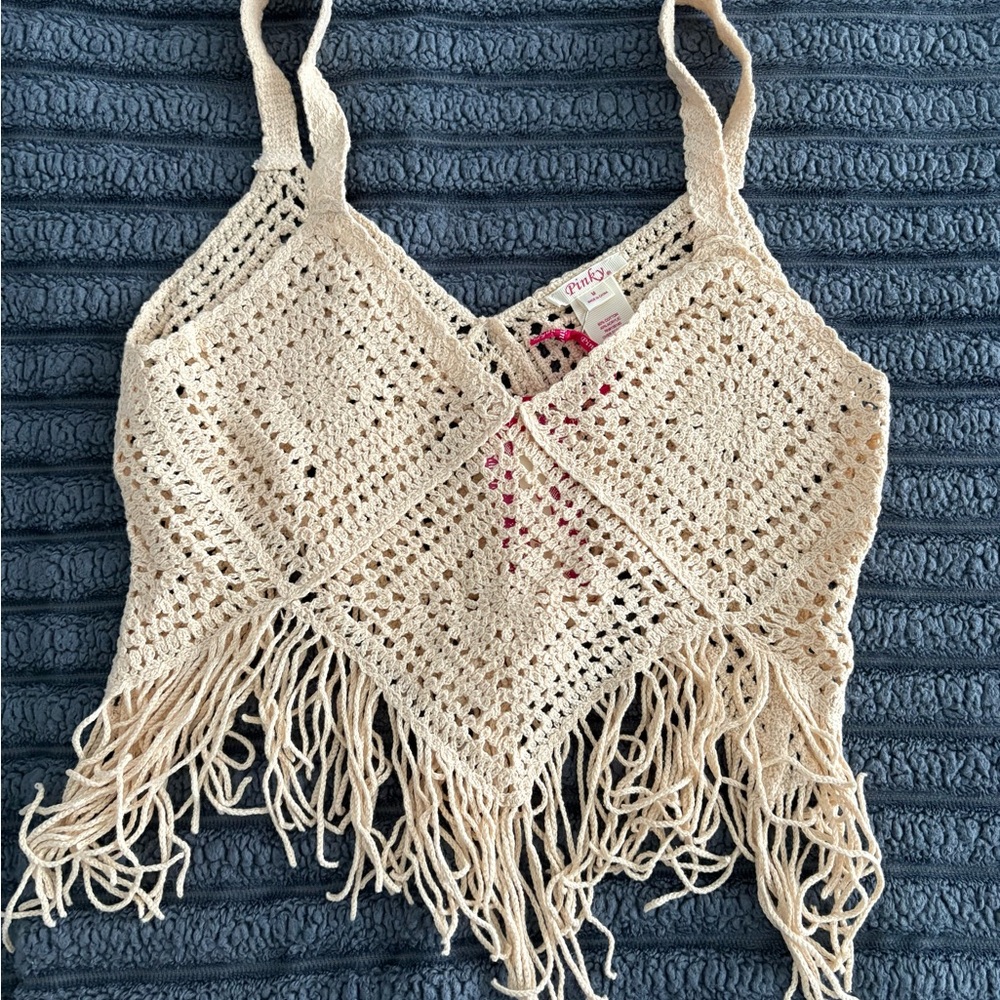 Pinky Cream Crochet Top with Fringe